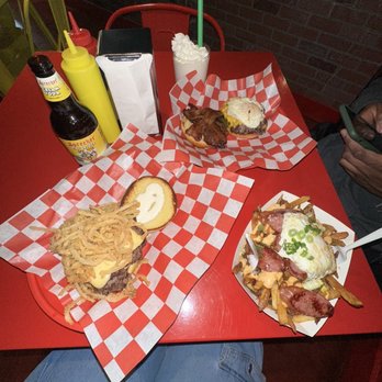 The Peanut Gallery - Cajun fries Iron Flag Burger ODB burger Bourbon Milkshake Bottle of Root Beer - American Near Me - Lake Forest, Illinois The Peanut Gallery - Cajun fries Iron Flag Burger ODB burger Bourbon Milkshake Bottle of Root Beer - American Near Me - Lake Forest, Illinois
