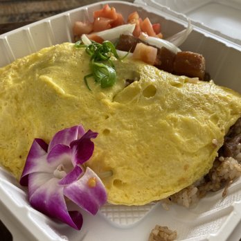 Guieb Cafe - Adobo fried rice omelette with lechon $16~ - New American Near Me - Honolulu, Hawaii