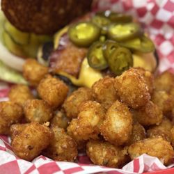 V's Kitchen - Jalapeño bacon cheeseburger with tots