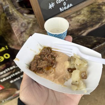 Mayitas Sinaloense Cuisine - Samples of the beans, potatoes and steak. With a side of Atole. Delicious. - Food Trucks Near Me - Homeland, California
