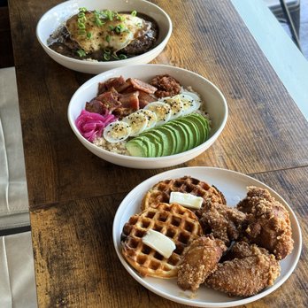 Rise Cafe - Front to Back: Chicken and Chaffles, Kamalu Bowl, Loco Moco with homemade mushroom gravy. - Coffee & Tea Near Me - Honolulu, Hawaii Rise Cafe - Front to Back: Chicken and Chaffles, Kamalu Bowl, Loco Moco with homemade mushroom gravy. - Coffee & Tea Near Me - Honolulu, Hawaii
