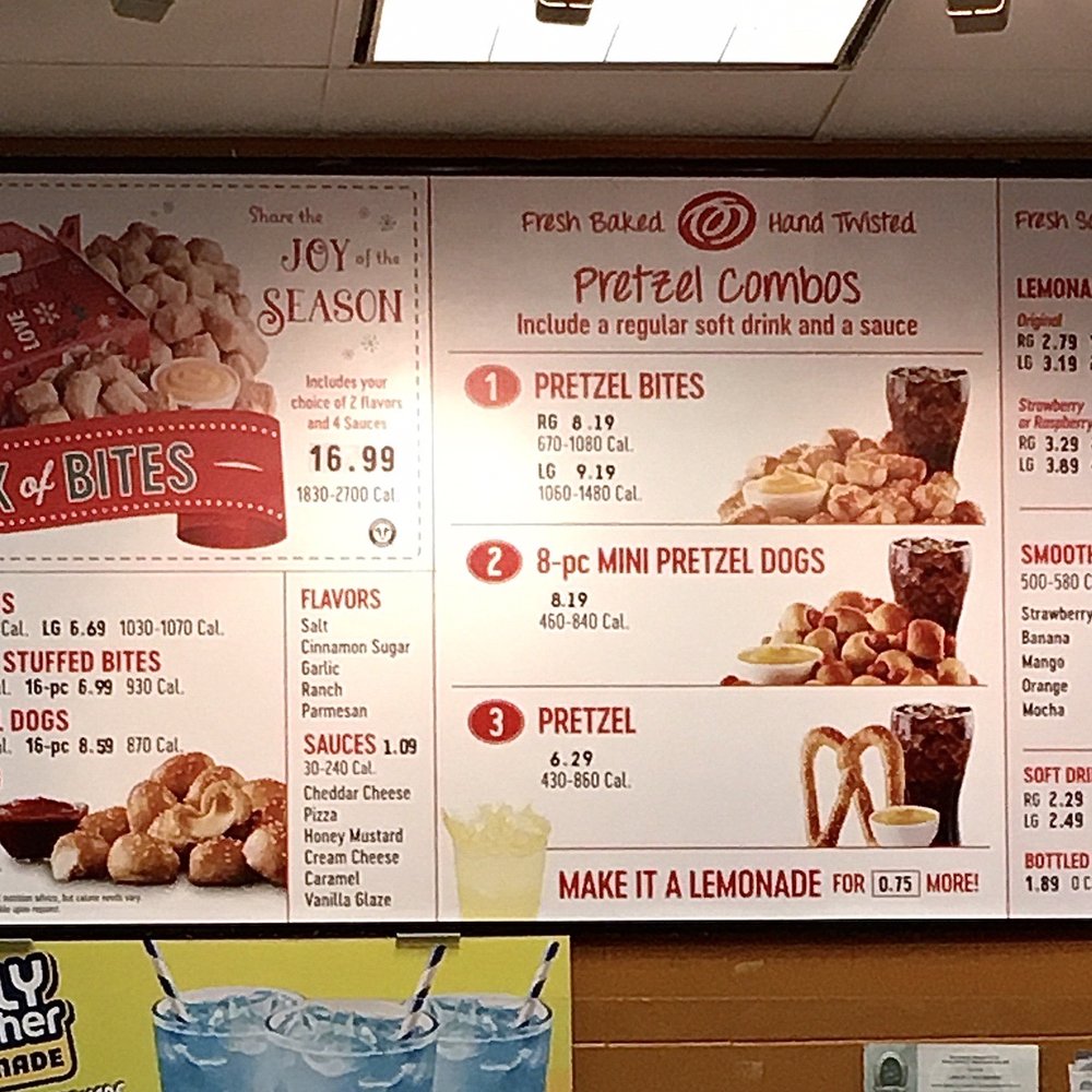 Pretzelmaker - Looks like the same menu board as downstairs at the other Pretzelmaker. - Pretzels Near Me - St. Peters, Missouri