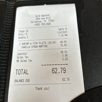 BLVD Seafood - Bill for 2 - New American Near Me - Galveston, Texas BLVD Seafood - Bill for 2 - New American Near Me - Galveston, Texas