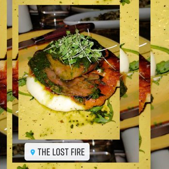 The Lost Fire - The Grilled Provolone with tomato, pesto and microgreens - Steakhouses Near Me - Kennebunkport, Maine
