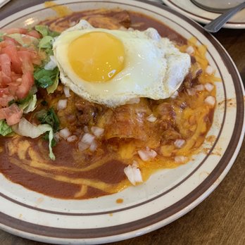 Monroe's Restaurant - Flat red chili enchilada - Breakfast & Brunch Near Me - Albuquerque, New Mexico