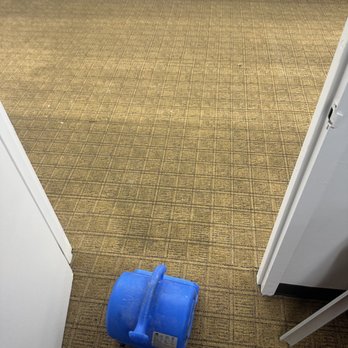 Carpets And Us - After, no flood damage or smell - A blue carpet cleaning machine with a handle and cord is placed on a patterned brown carpet in a room with white walls and a vent. - Carpeting Near Me - Levittown, New York