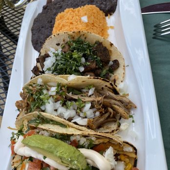 Alebrijes - 3 tacos: chicken, carnitas, steak (from bottom up) - New Mexican Cuisine Near Me - Vineland, New Jersey