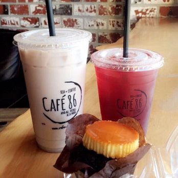 Cafe 86 - Ube Milk Tea + Hibiscus Cooler + Ube Cupcake w/ flan - Desserts Near Me - Artesia, California