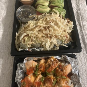 Chobop - Baked Salmon-Cut Roll (bottom), Genius-Cut Roll (middle), Omg Roll (top) - Sushi Bars Near Me - Costa Mesa, California
