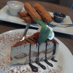 Valle Eatery & Bar - Tiramisu cake and Homemade churros with chocolate sauce and vanilla ice cream