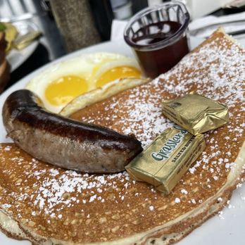 Brekkies - Pancake combo with Danish Sausage substitution (+$2.50) - Breakfast & Brunch Near Me - Solvang, California Brekkies - Pancake combo with Danish Sausage substitution (+$2.50) - Breakfast & Brunch Near Me - Solvang, California