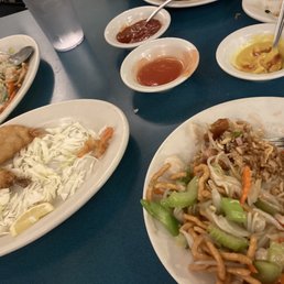 Fried shrimp, chow main, ham fried eice