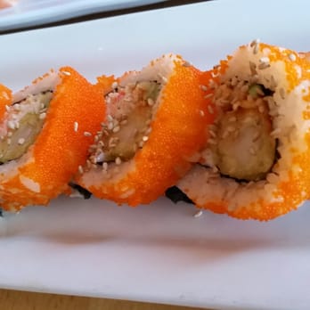 39 Degrees - The spicy girl roll: shrimp tempura, imitation crab, avodaco, and masago - Japanese Near Me - Long Beach, California 39 Degrees - The spicy girl roll: shrimp tempura, imitation crab, avodaco, and masago - Japanese Near Me - Long Beach, California