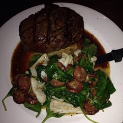 The Exchange Hotel - Scotch fillet served with dauphin Potatoes, chorizo, squid and spinach finished with a port wine jus.