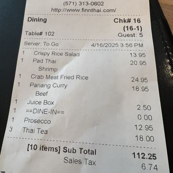 Finn Thai - Reston - Receipt - Thai Near Me - Reston, Virginia
