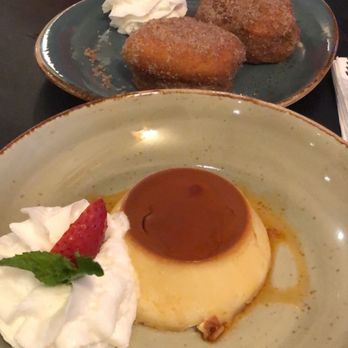 Los Andes Restaurant - Stuffed Apple doughnuts & Flan with whip cream - Latin American Near Me - Providence, Rhode Island