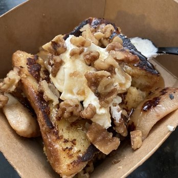 Eggspresso - Pain Perdu ($12) - Like eating a custardy bread pudding with roasted peaches, cream, and candied walnuts. Sweet tooth satisfied. - Breakfast & Brunch Near Me - Fullerton, California