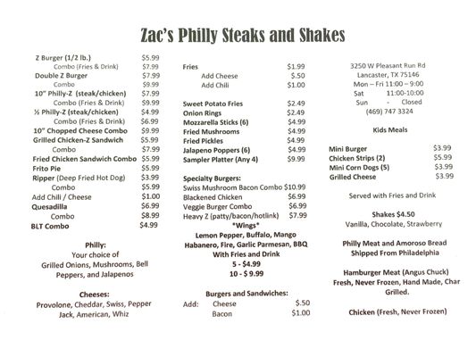 Menu photo 4 Zac's Philly Steaks and Shakes Lancaster, TX Menu photo 4 Zac's Philly Steaks and Shakes Lancaster, TX