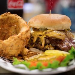 4U Cafe - Grilled Onion Burger with a side of Onion Rings