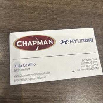 Chapman Hyundai - Julio Castillo buisness card. - Car Dealers Near Me - Scottsdale, Arizona Chapman Hyundai - Julio Castillo buisness card. - Car Dealers Near Me - Scottsdale, Arizona