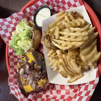 BJ's Grill - Burgers and More - Single 7oz Burger with cheddar cheese, fried onions, lettuce, ketchup, mayo and pickles & a side of waffle fries (about $18) - Burgers Near Me - Chipley, Florida BJ's Grill - Burgers and More - Single 7oz Burger with cheddar cheese, fried onions, lettuce, ketchup, mayo and pickles & a side of waffle fries (about $18) - Burgers Near Me - Chipley, Florida