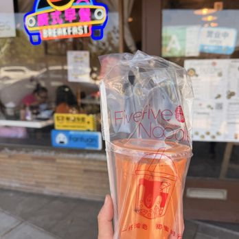 Fivefive Noodles - Thai tea with cute Bear on top (inside drink now) - Noodles Near Me - Arcadia, California