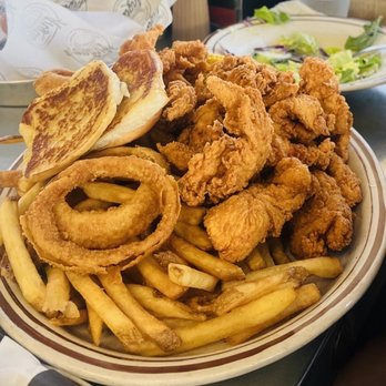 Angelo's Burgers - Chicken strip dinner. Also came with a yummy garden salad that was very fresh! Already gone by the time the chicken came out. - Burgers Near Me - Anaheim, California Angelo's Burgers - Chicken strip dinner. Also came with a yummy garden salad that was very fresh! Already gone by the time the chicken came out. - Burgers Near Me - Anaheim, California