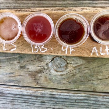 Fredonia Brewery - Beer flight with Saison, Blueberry, Amber, and Altbier - Breweries Near Me - Nacogdoches, Texas