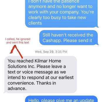 Kilmar Home Solutions - a text message from a customer - General Contractors Near Me - Beverly Hills, Michigan