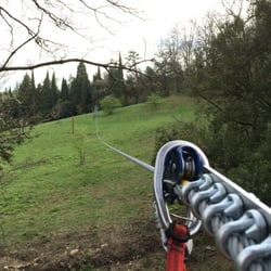 Parco Avventura Il Gigante - Fine percorso scoiattolo: la mega teleferica e in lontananza il materasso