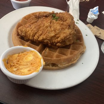 Bell Cafe - plate of Chicken and Waffle with and type of butter and peach syrup - Breakfast & Brunch Near Me - Mechanicsville, Virginia Bell Cafe - plate of Chicken and Waffle with and type of butter and peach syrup - Breakfast & Brunch Near Me - Mechanicsville, Virginia