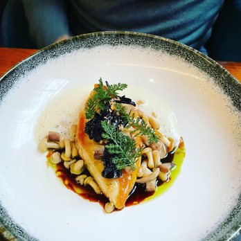 Auguste - volaille fermière, bouillon parfumé au foin Trompettes en pickles (most tender chicken breast ever) - French Near Me - Paris, 75