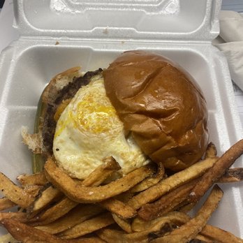 Oscar's Winner's Circle - MKE Burger - beef patty, fried egg, fries pickle, fried cheese curds, and melted sharp cheddar cheese. - Burgers Near Me - Milwaukee, Wisconsin