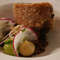 Casa Mia - SUCKLING PIG - crispy skin with tender meat. Ricebean, spicy chorizo, and avocado purée. A beautiful dish well-made by awesome chefs.