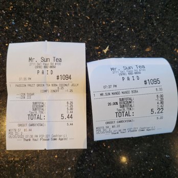 Mr Sun Tea - Receipt - Bubble Tea Near Me - Sacramento, California