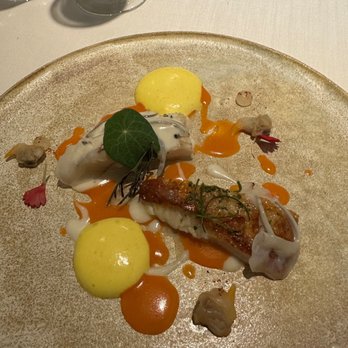 Lasarte - Turbot with sauteed seafood, mustard, and liquid tomato with Espelette pepper - Spanish Near Me - Barcelona, B Lasarte - Turbot with sauteed seafood, mustard, and liquid tomato with Espelette pepper - Spanish Near Me - Barcelona, B