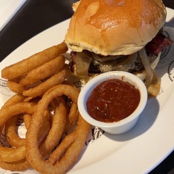 The Fix Burger Bar - The Gatsby Burger with onion rings. - Burgers Near Me - Marlborough, Massachusetts The Fix Burger Bar - The Gatsby Burger with onion rings. - Burgers Near Me - Marlborough, Massachusetts