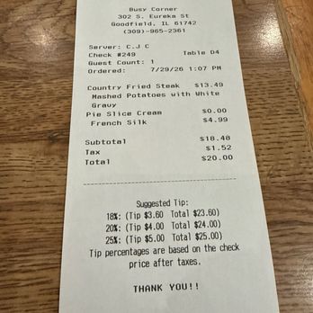 Busy Corner - Receipt - American Near Me - Goodfield, Illinois
