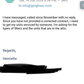 Gmg Hvac - Email to company requesting the types of filters as no reply to texts or voicemail to get another company to perform spring service. - Heating & Air Conditioning/HVAC Near Me - Bay Shore, New York