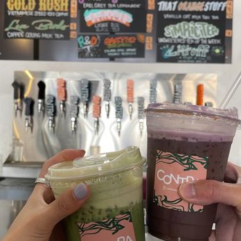 Contra Coffee & Tea - The Best Friend (matcha oat latte w black sugar) & Ube Latte with coffee - Coffee & Tea Near Me - Orange, California