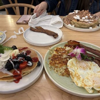 Egg Posh - The traditional breakfast with Berry Explosion pancakes. The s'mores pancakes. - Breakfast & Brunch Near Me - Frisco, Texas