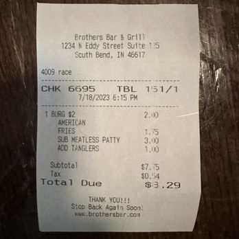 Brothers Bar & Grill - RECEIPT - Sports Bars Near Me - South Bend, Indiana