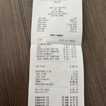 Blueberry's Grill - Extra tax on alcohol and charge for using a credit card. - Breakfast & Brunch Near Me - Myrtle Beach, South Carolina Blueberry's Grill - Extra tax on alcohol and charge for using a credit card. - Breakfast & Brunch Near Me - Myrtle Beach, South Carolina