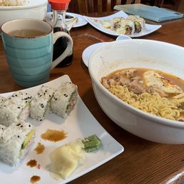 California roll, salmon skin roll, chicken ramen, good hot tea.
Dreary outside, yummy and cozy inside! California roll, salmon skin roll, chicken ramen, good hot tea.
Dreary outside, yummy and cozy inside!