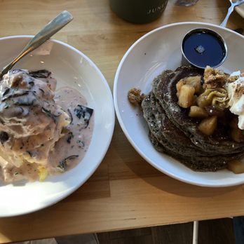 Juneberry Table - Sausage and gravy biscuits on left and Bourbon apple buckwheat pancakes on right - Breakfast & Brunch Near Me - Cleveland, Ohio Juneberry Table - Sausage and gravy biscuits on left and Bourbon apple buckwheat pancakes on right - Breakfast & Brunch Near Me - Cleveland, Ohio