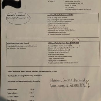 The Cleaning Authority - Schertz - An invoice denoting a payment of $146.14 for services described, but NOT received. - Home Cleaning Near Me - Selma, Texas The Cleaning Authority - Schertz - An invoice denoting a payment of $146.14 for services described, but NOT received. - Home Cleaning Near Me - Selma, Texas
