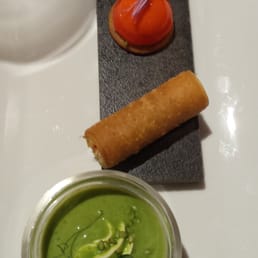 Amuse pea veloute, egg roll like thing and szechuan pepper gelee with goat cheese cream