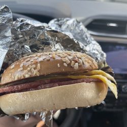 Beach Bum Bagel Cafe - Pork roll, egg, and cheese on an onion bagel.