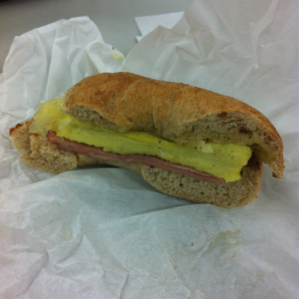Bagel Street Cafe - Turkey ham, egg, and Swiss on whole wheat bagel. - Bagels Near Me - San Jose, California