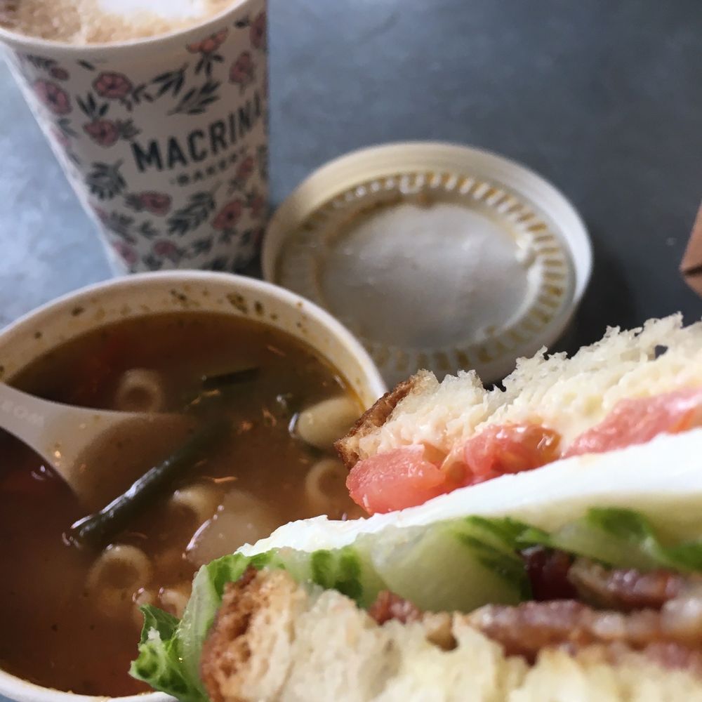 Morning blt (blt+egg), pistou soup and a vanilla latte
